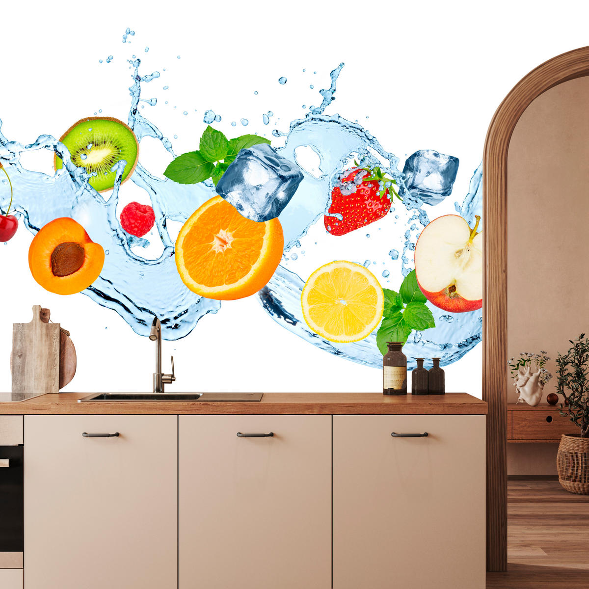 FOTOTAPETE für Küche Erfrischende Früchte Eis Wasser Orange Minze Zitrone Kiwi 400x280 - Gelb/Rot, Papier (400/280cm) - Muralo