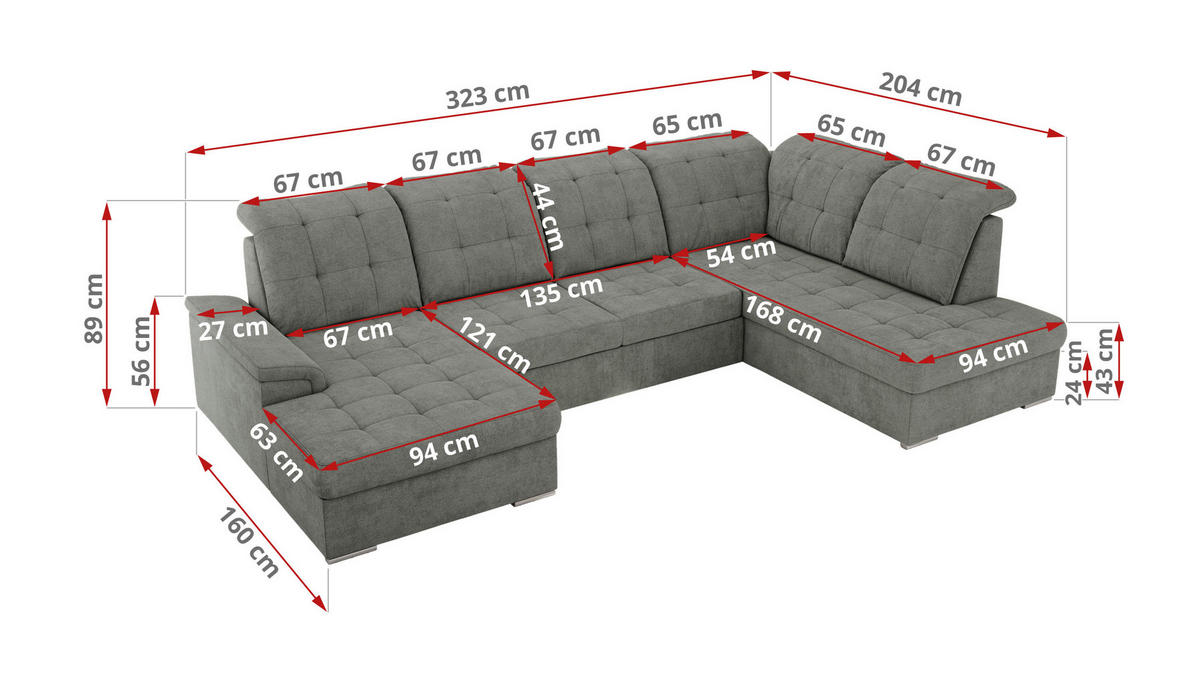 WOHNLANDSCHAFT MADRITO U - Grau Struktur - Rechts - Silberfarben/Grau, Textil/Metall (323/89/204cm) - MKS