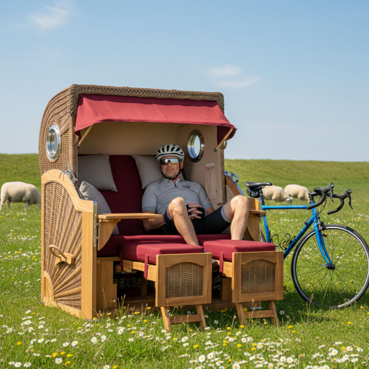 STRANDKORB XXL Düne Grande Teak Banana - Rot/Braun, Metall (142/170/95cm) - Mr. Deko