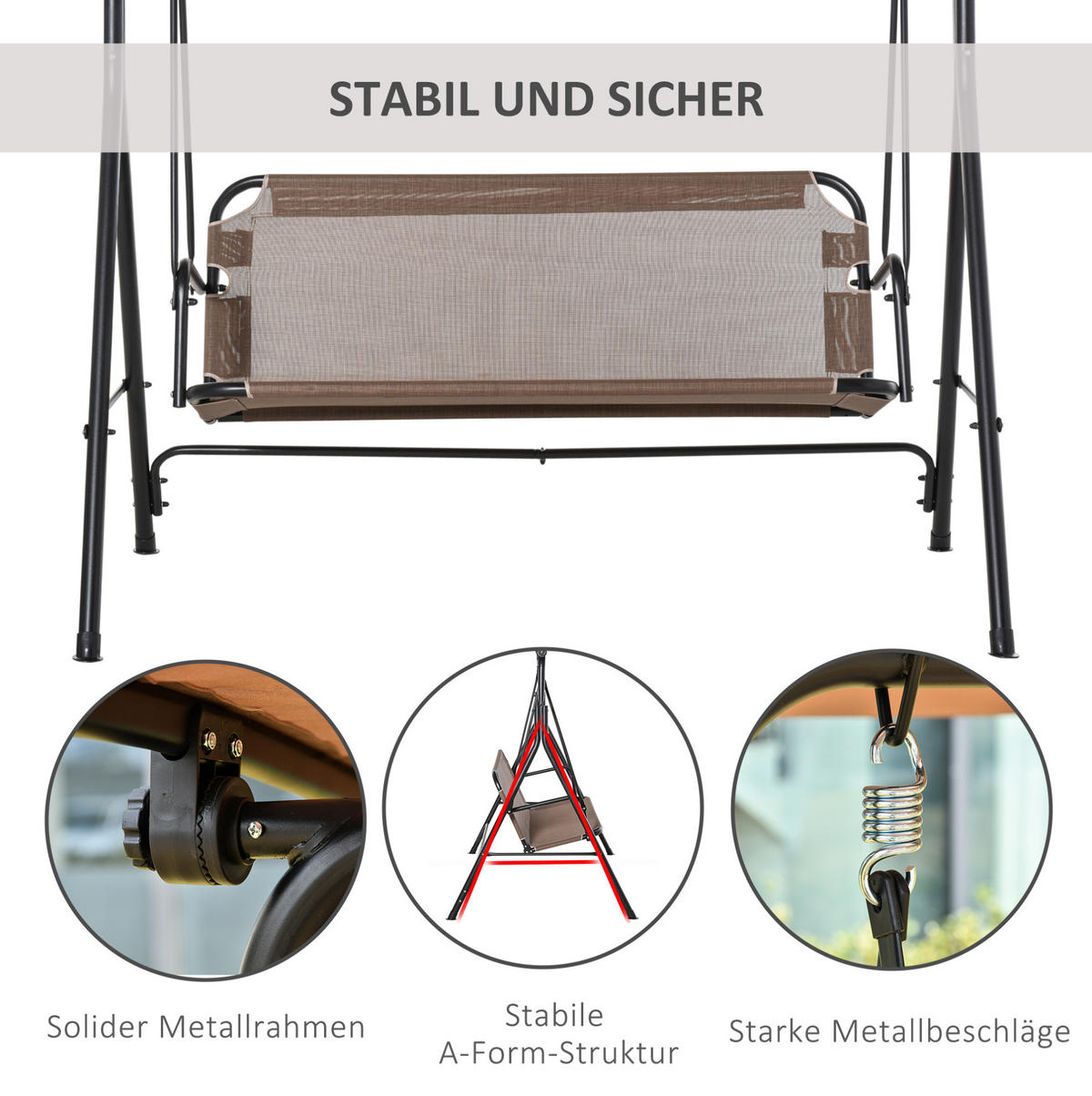 HOLLYWOODSCHAUKEL 172/110/155 cm mit verstellbarem Baldachin und stabilem Metallrahmen, Braun - Braun, Metall (110/155/172cm) - Redom
