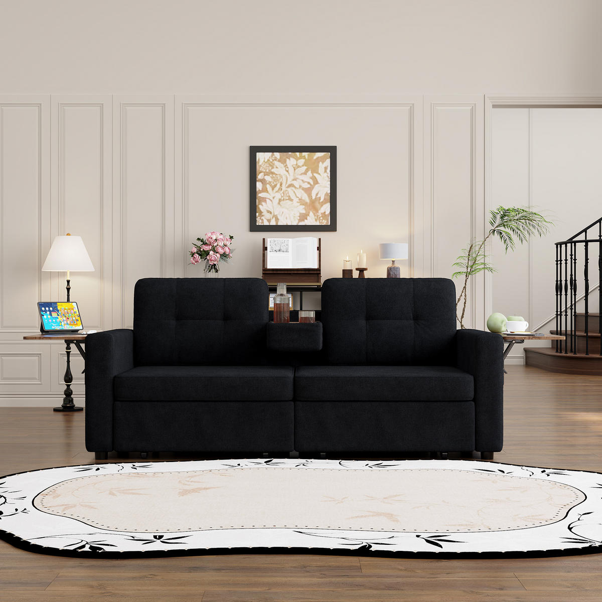 2-SITZER-SOFA mit Laptop-Tisch und Stauraum, DE-42611, Schwarz - Schwarz, Metall (178/57.5/71cm) - ComfortXL