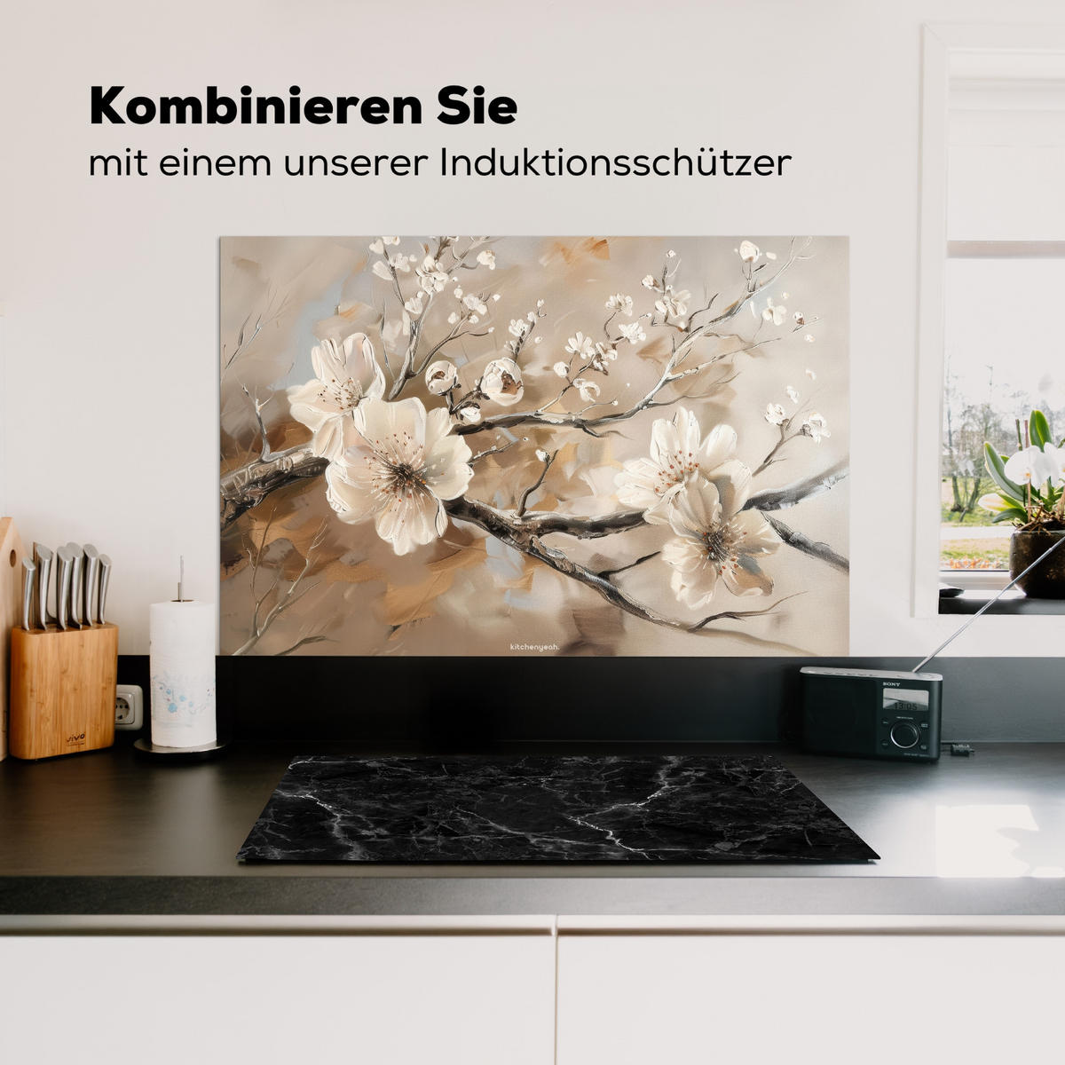 SPRITZSCHUTZ KÜCHE Blumen - Abstrakt - Gemalt - Beige 80x55 cm - Greige, Metall (80/0.3/55cm) - MuchoWow