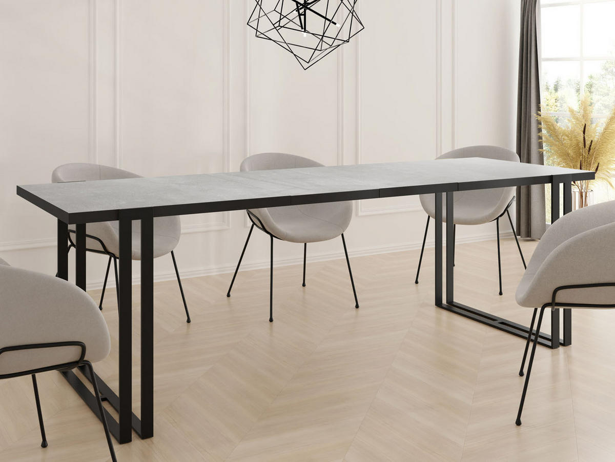 ESSTISCH Marina rechteckig ausziehbar, Grauer Beton 120-220/80/76 cm - Hellgrau/Schwarz, Holzwerkstoff/Metall (120/80/76cm) - WFL GROUP