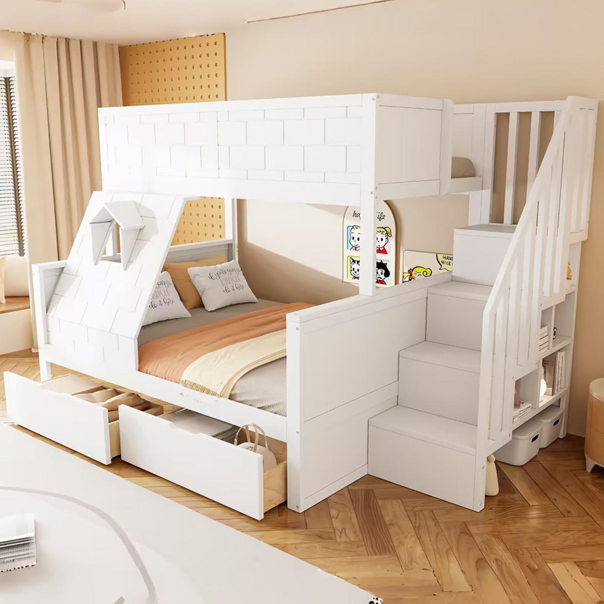 ETAGENBETT Weiß 90 x 200/140/200 cm mit Stauraum und Schubladen - Weiß, Holz (140/200cm) - MIVRAY