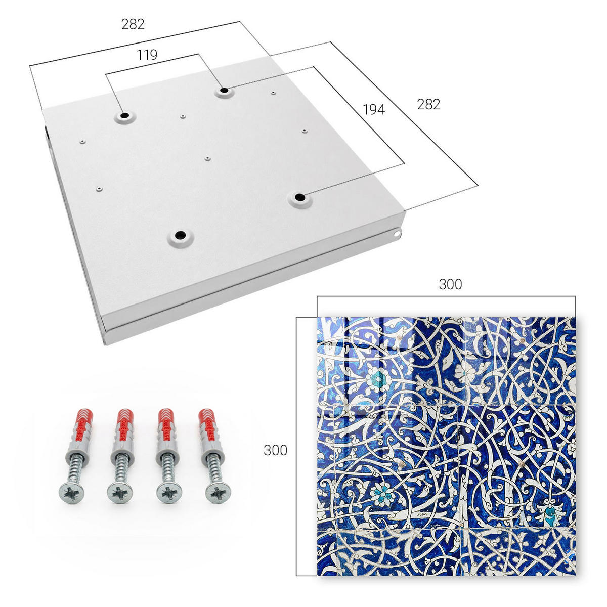 SCHLÜSSELBOX Weiß 30x30 cm – Türöffnung nach rechts - Blaue Arabeske - Blau, Metall (30/30/5cm) - TULUP