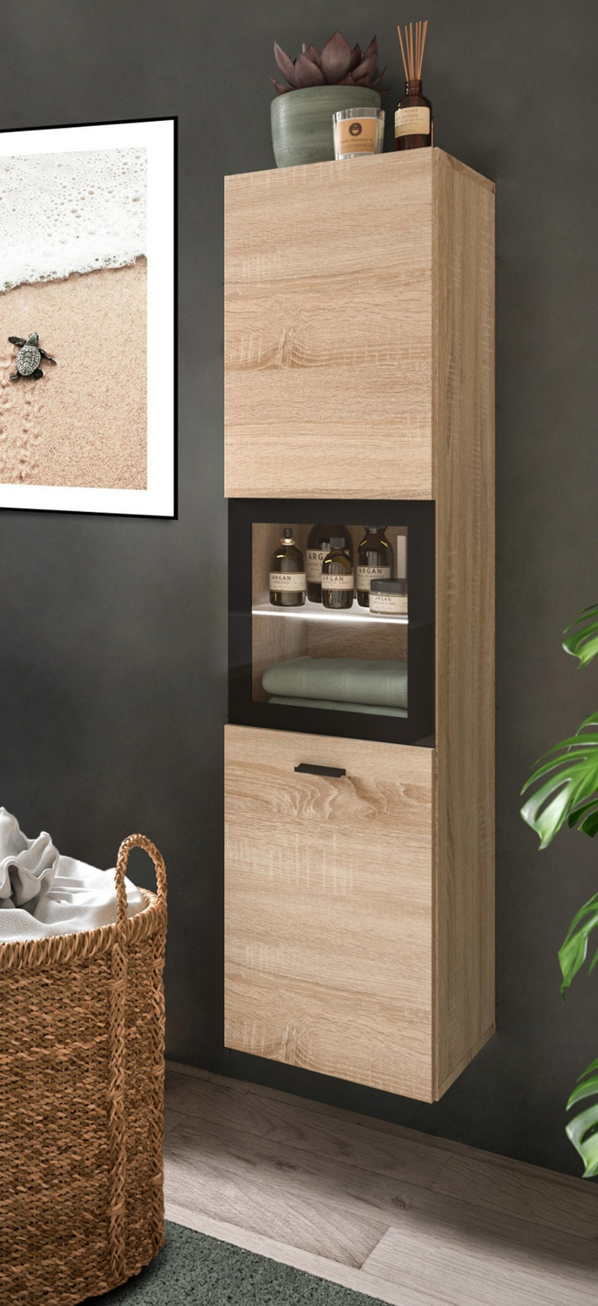 BADSCHRANK Eiche 30 cm, Kommode stehend oder hängend - Eichefarben/Schwarz, Glas/Holzwerkstoff (30/125/29cm) - Inn.Furn