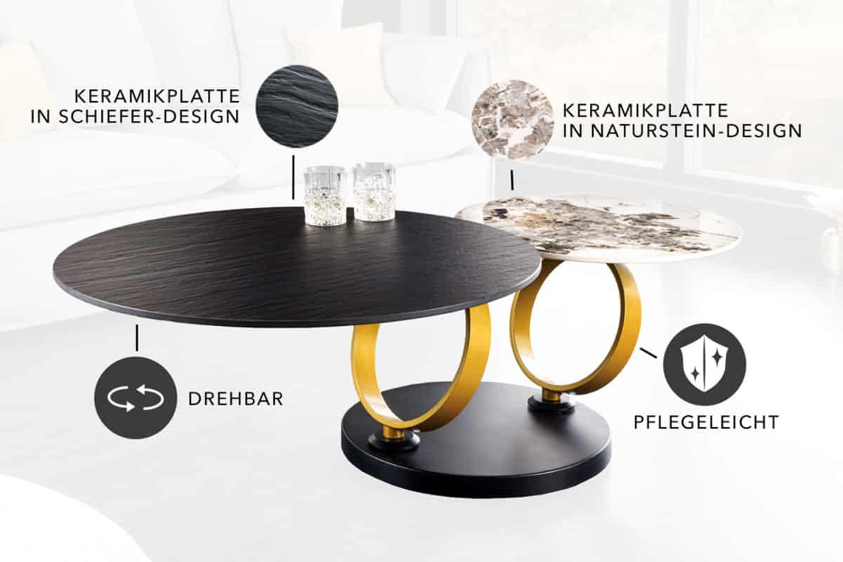 COUCHTISCH DANCING RINGS Keramik Schwarz 135 cm - Goldfarben/Schwarz, Keramik/Metall (80/134/44cm) - riess-ambiente