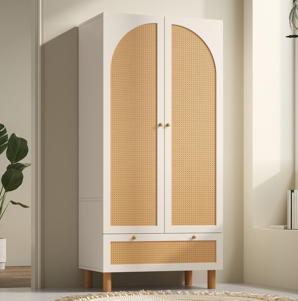 KLEIDERSCHRANK 2-türig 85,5/52/180,5 cm in Weiß mit Rattan & Schublade - Weiß, Holz (85.5/180.5/52cm) - BEAOK