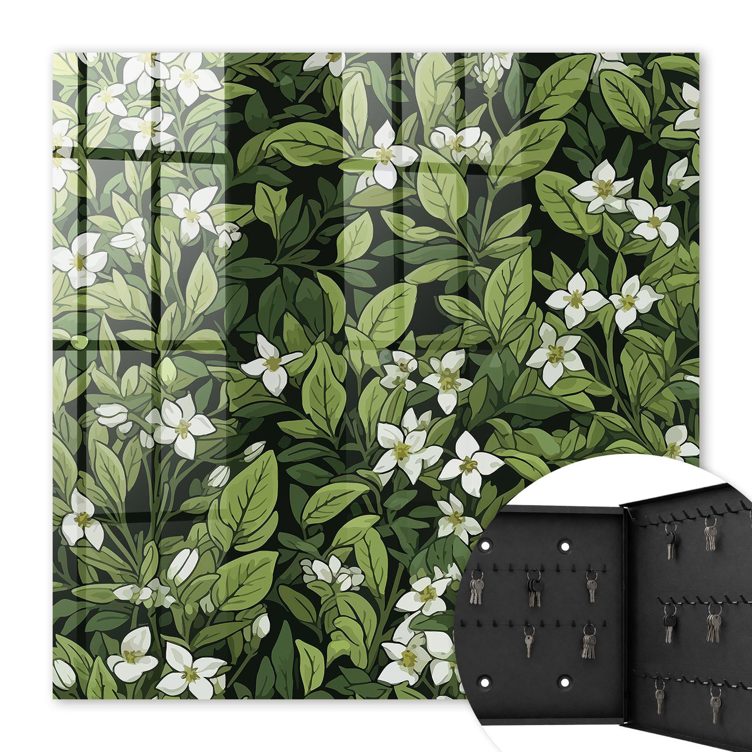 SCHLÜSSELBOX Schwarz 30x30 cm- Türöffnung nach rechts - Pflanzenmotiv - Grün, Metall (30/30/5cm) - TULUP