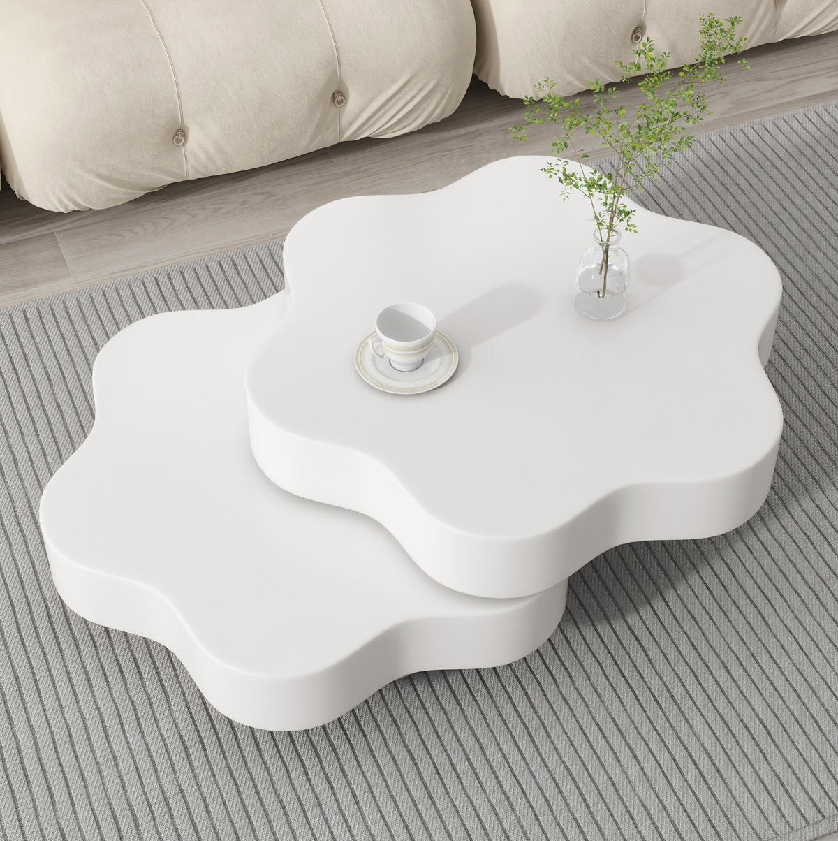 COUCHTISCH aus MDF 74,8x67,5x31 cm Cremeweiß mit 360° drehbarer Platte und 2 Ablageflächen in Blumenform - Weiß, Holzwerkstoff (74.8/67.5/31cm) - Modfu