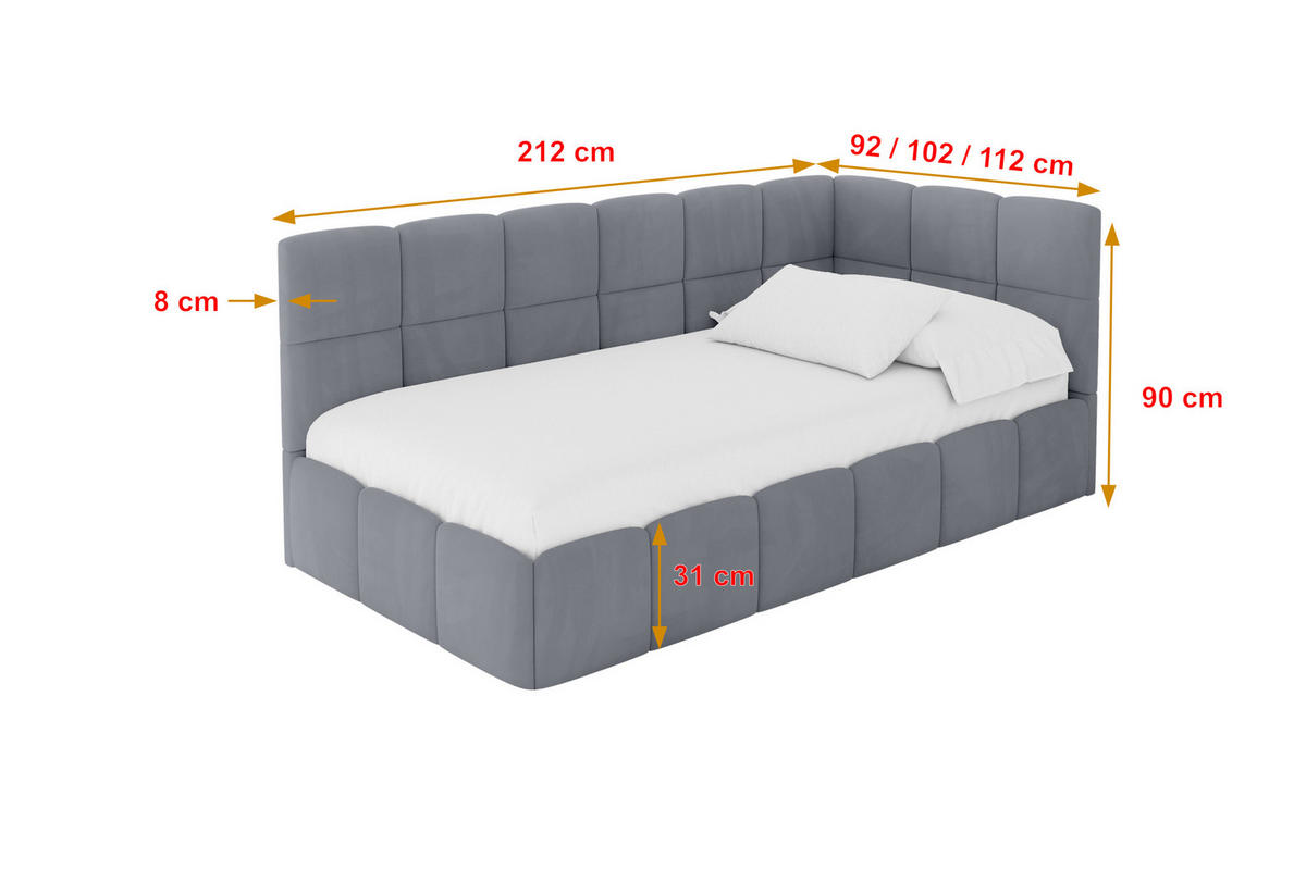 EINZELBETT Jugendbett mit Bettkasten Links, mit Matratze - LIVY 90x200 Grau - Grau, Holzwerkstoff/Textil (90/200cm) - ALTDECOR
