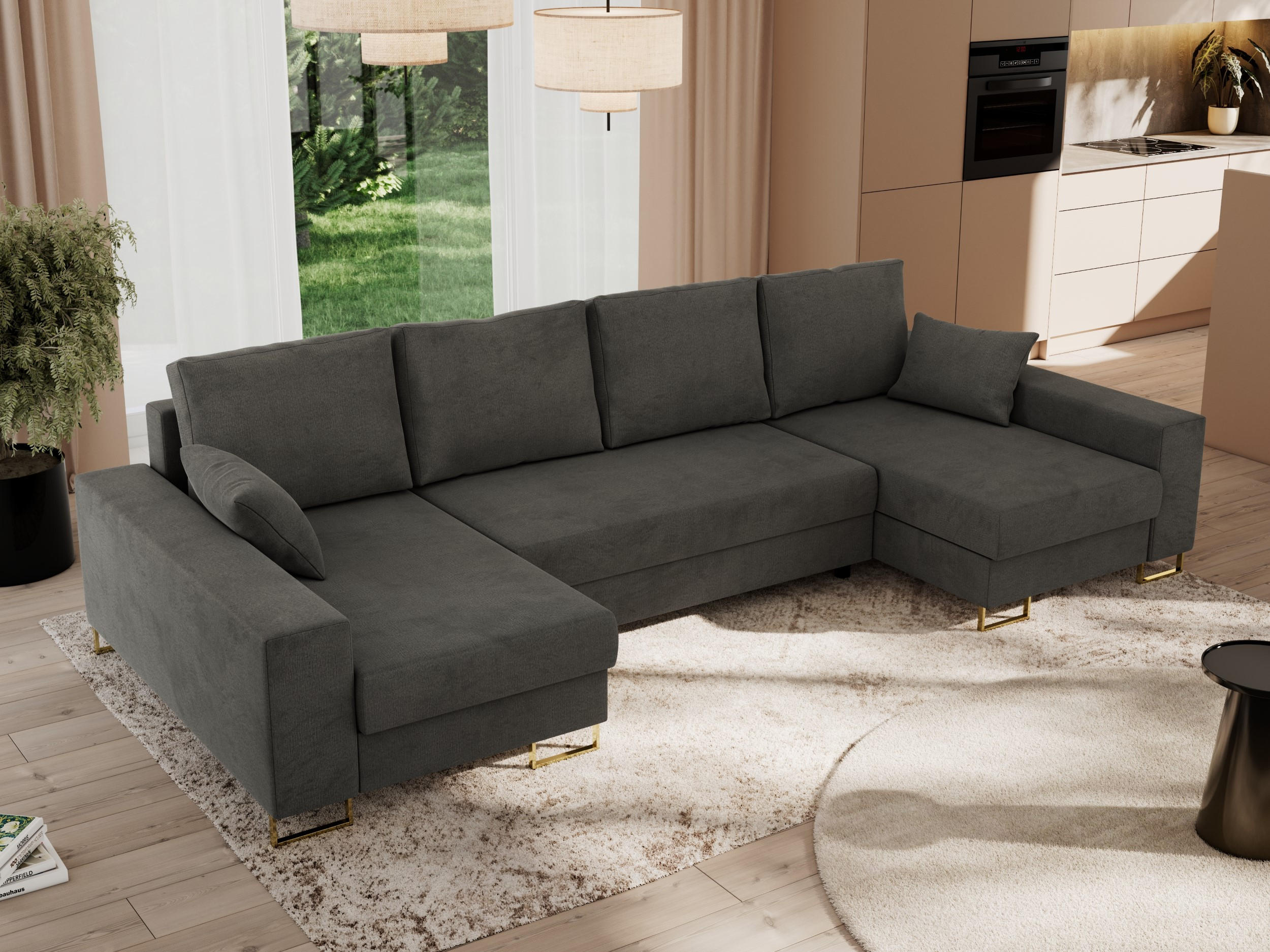 WOHNLANDSCHAFT DORIAN U Velvet Dunkelgrau - Dunkelgrau/Goldfarben, Textil/Metall (312/95/138cm) - MKS