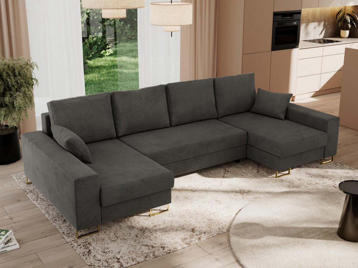 WOHNLANDSCHAFT DORIAN U Velvet Dunkelgrau - Dunkelgrau/Goldfarben, Textil/Metall (312/95/138cm) - MKS