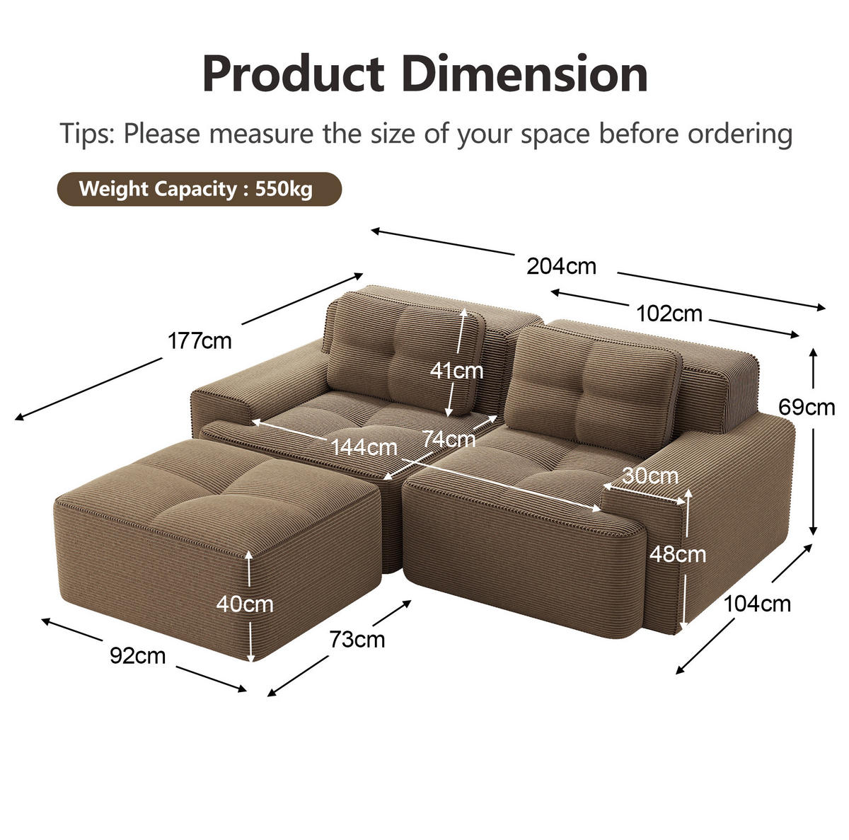 SOFA modular boneless mit 74 cm Tiefsitz Corduroy Brown - Braun, Kunststoff (177/204.1cm) - Meubliv