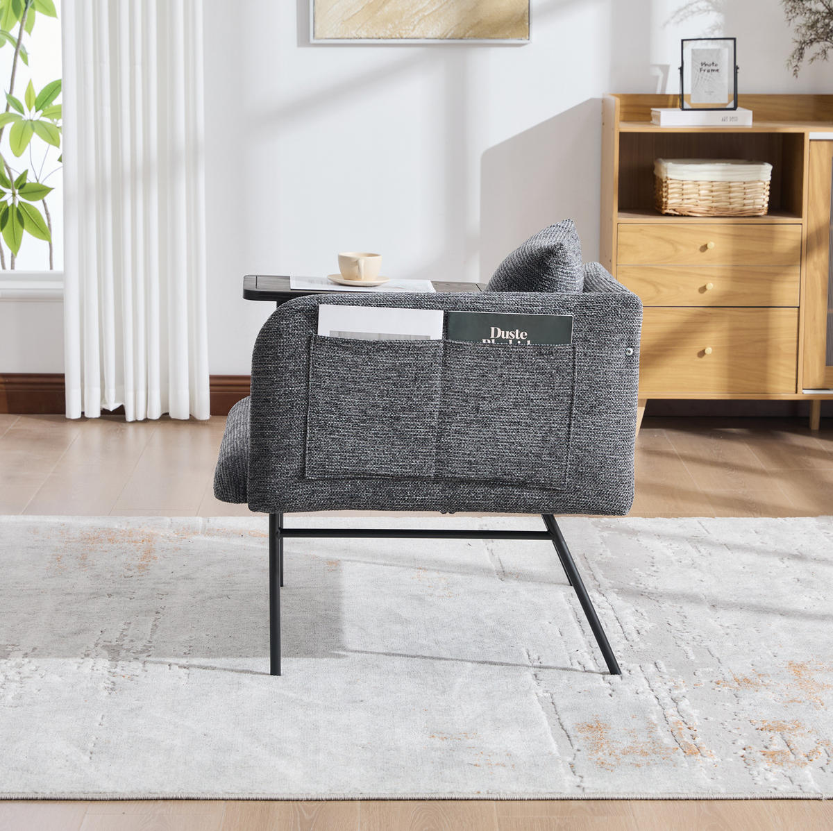 SESSEL 86/72/71 cm dunkelgrau aus Chenille mit Beistelltisch - Dunkelgrau, Textil (72/71/86cm) - OKWISH