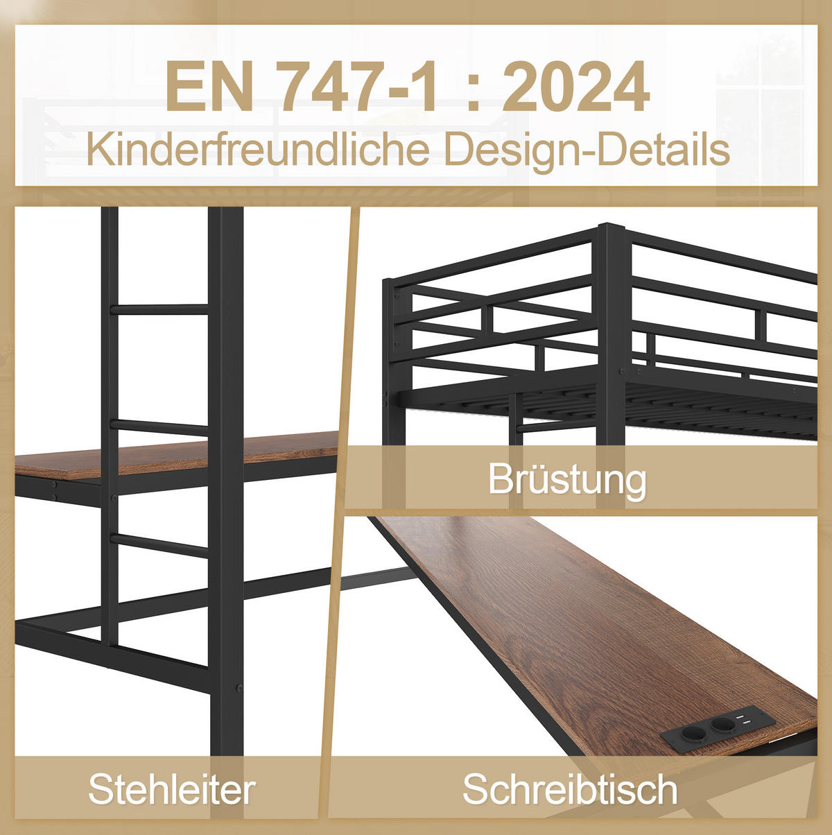HOCHBETT 90/200 cm mit LED, USB und Tisch ohne Matratze - Schwarz, Metall (90/200cm) - MIVRAY