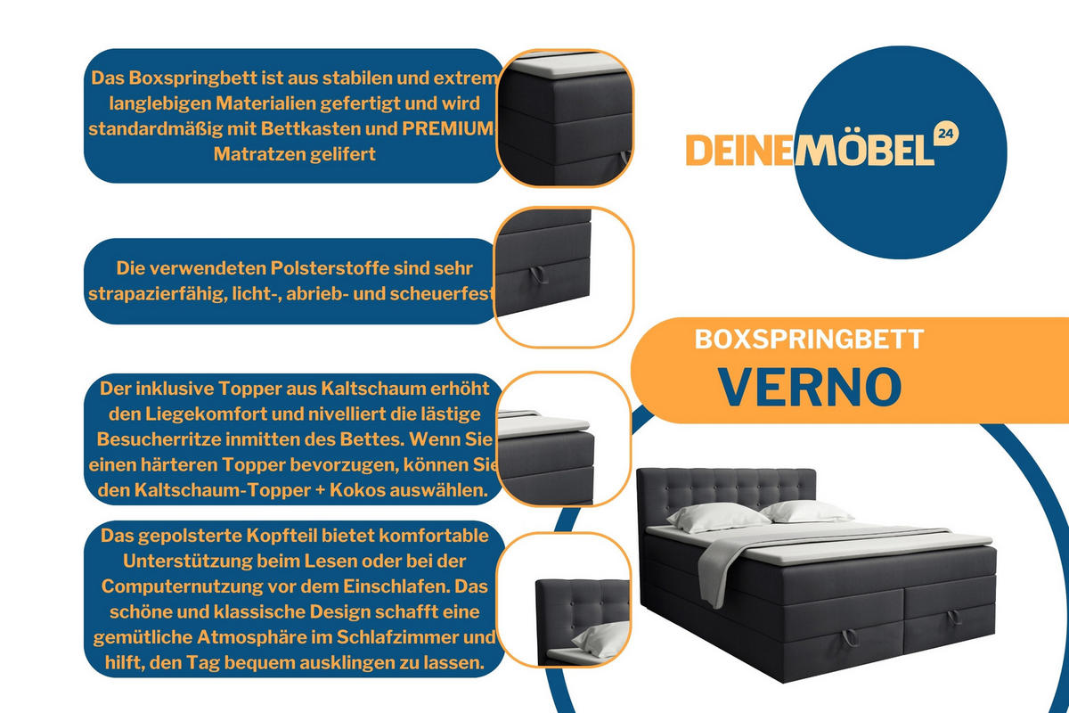 BOXSPRINGBETT VERNO 180/200 in Velour Dunkelgrau - Dunkelgrau, Holz/Holzwerkstoff (180/200cm) - Deine Möbel 24