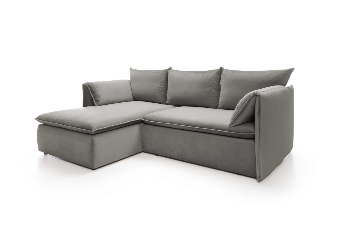 ECKSOFA PREGIO Grau Plüsch-Stoff mit Schlaffunktion - Grau, Holz (230/166cm) - MASSENO