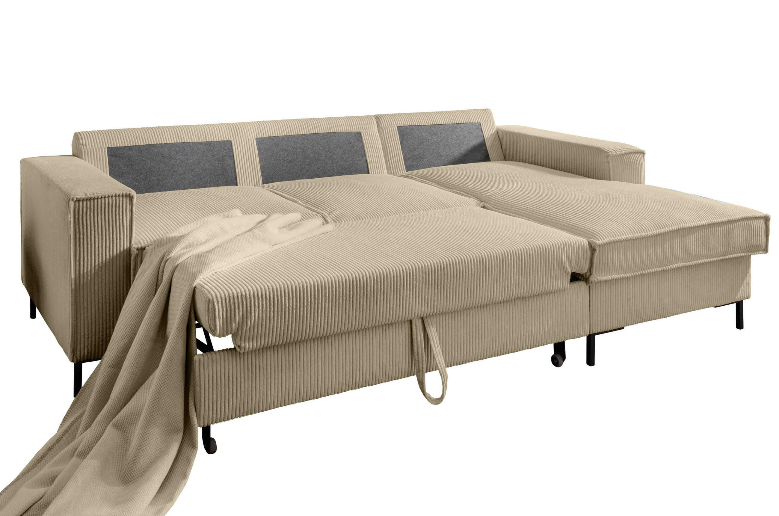 ECKSOFA mit Schlaffunktion, Bettkasten, Wellenunterfederung, Récamiere rechts B240/T150/H92 cm, Liegefl. 125x198 cm, Cord Beige Grau / 17220 - Greige/Beige, Textil/Metall (240/150cm) - luma-home