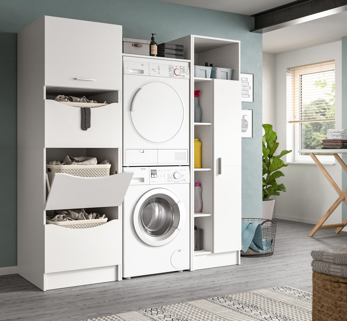 WASCHMASCHINENSCHRANK weiß Set 3-teilig 176 cm, Waschmaschinenumbau mit Stauraum - Silberfarben/Weiß, Glas/Holzwerkstoff (176/195/68cm) - Inn.Furn