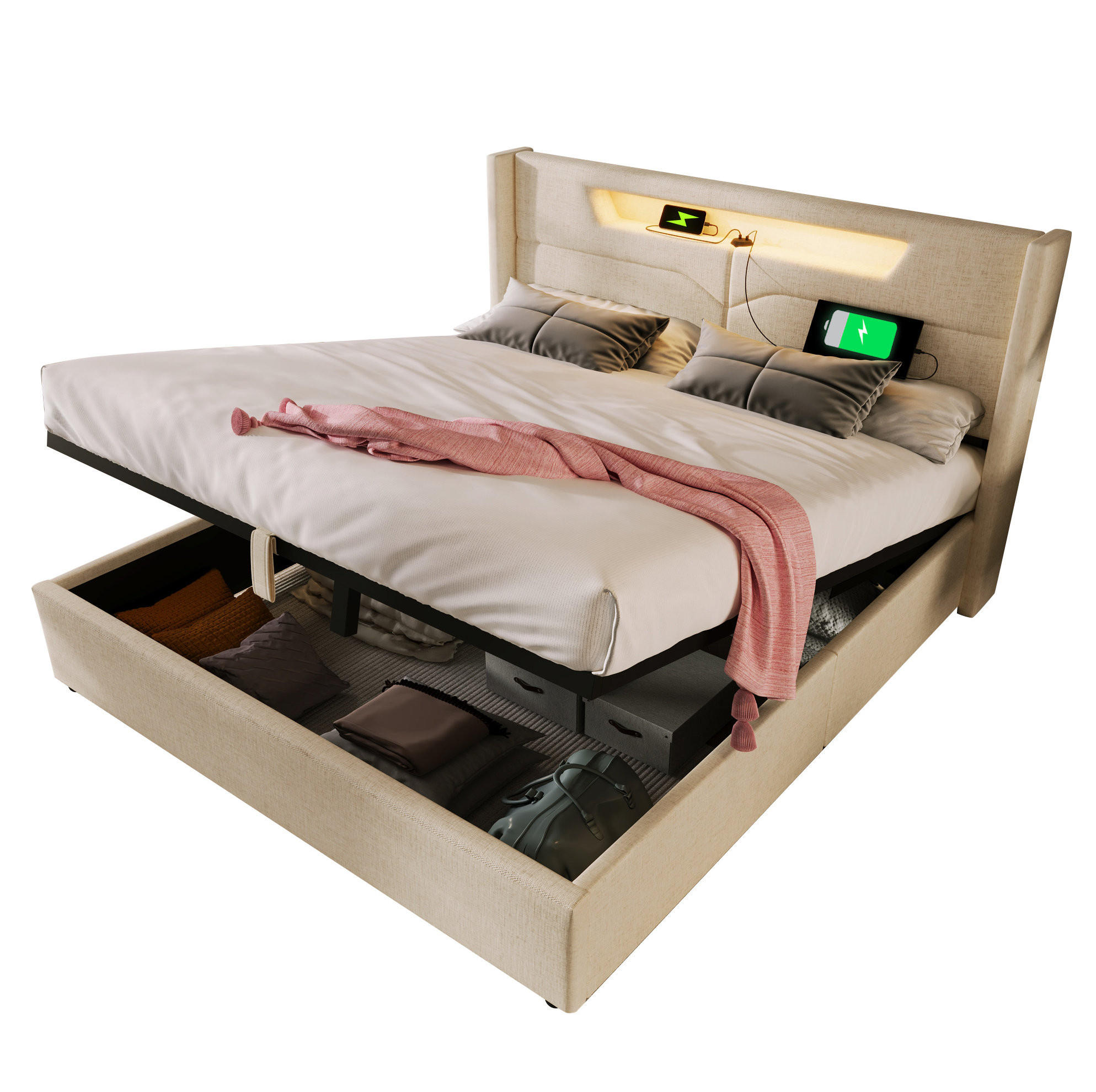 POLSTERBETT 140/200 cm mit LED-Beleuchtung, Bettkasten und USB/Type-C in Beige - Beige, Textil (140/200cm) - BEAOK