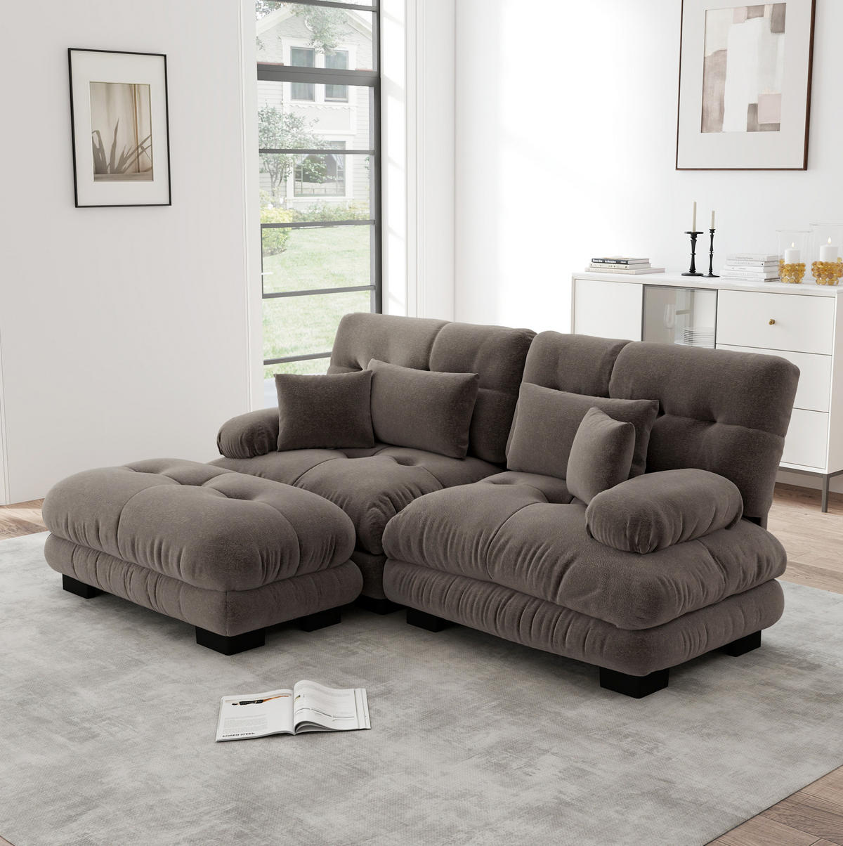 ECKSOFA 220/145/81 cm braun aus Chenille mit modularer Ottomane und Kissen - Braun, Textil (145/220cm) - OKWISH