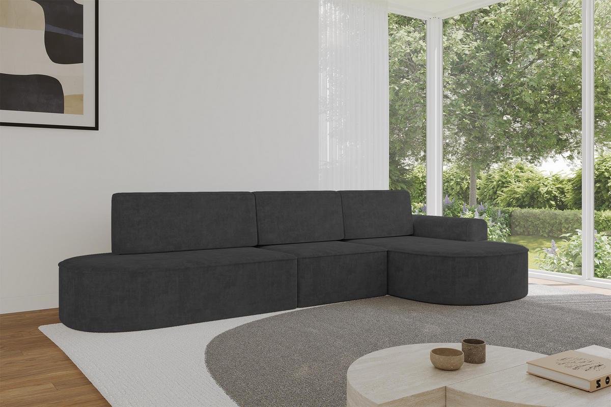 ECKSOFA mit Schlaffunktion Ottomane RECHTS MARI L2-S 368X167X85 Dunkelgrau Velours - Dunkelgrau/Schwarz, Holzwerkstoff/Kunststoff (167/368cm) - ALTDECOR