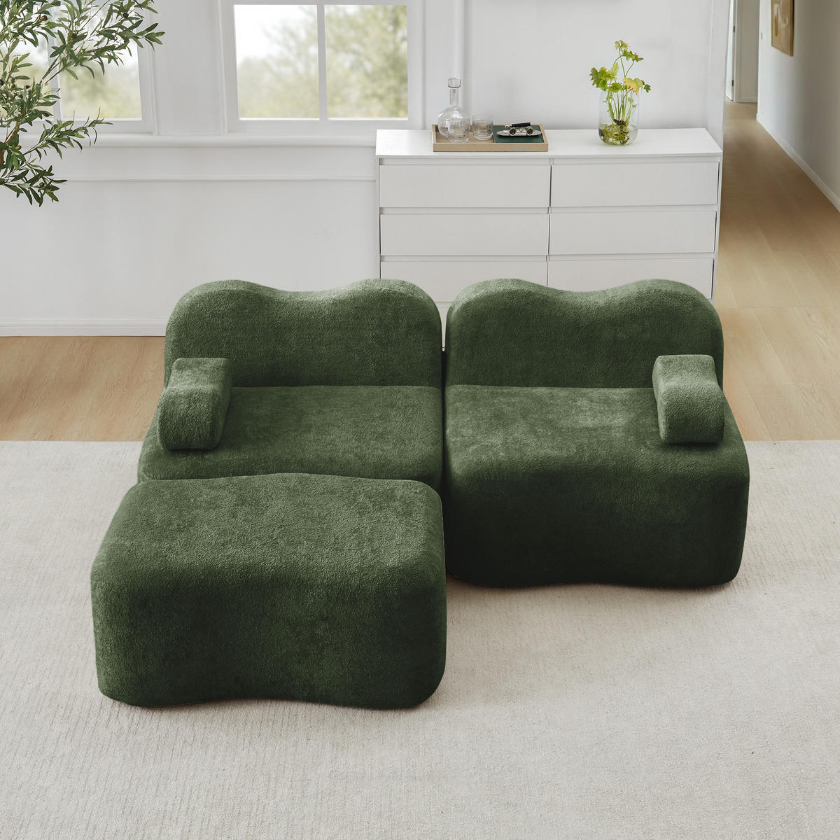 ECKSOFA 2-Sitzer Samt Grün mit Hocker - Grün, Textil (192/167cm) - WISHDOR