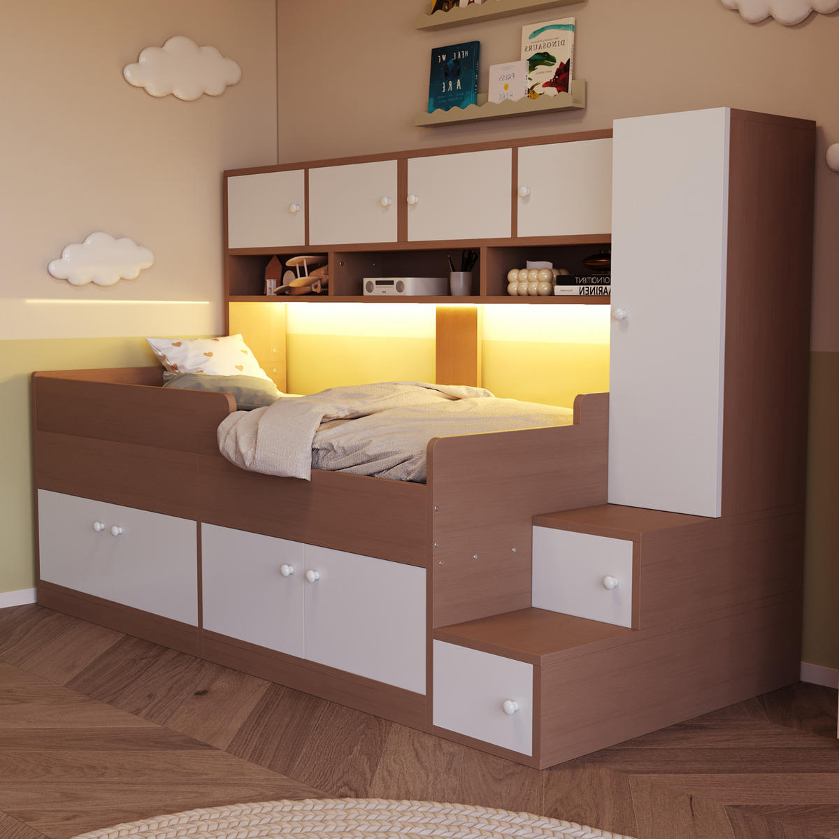 KINDERBETT 90/200 cm in Natur mit Schubladen, Schrank und LED - Naturfarben, Holz/Holzwerkstoff (90/200cm) - WISHDOR
