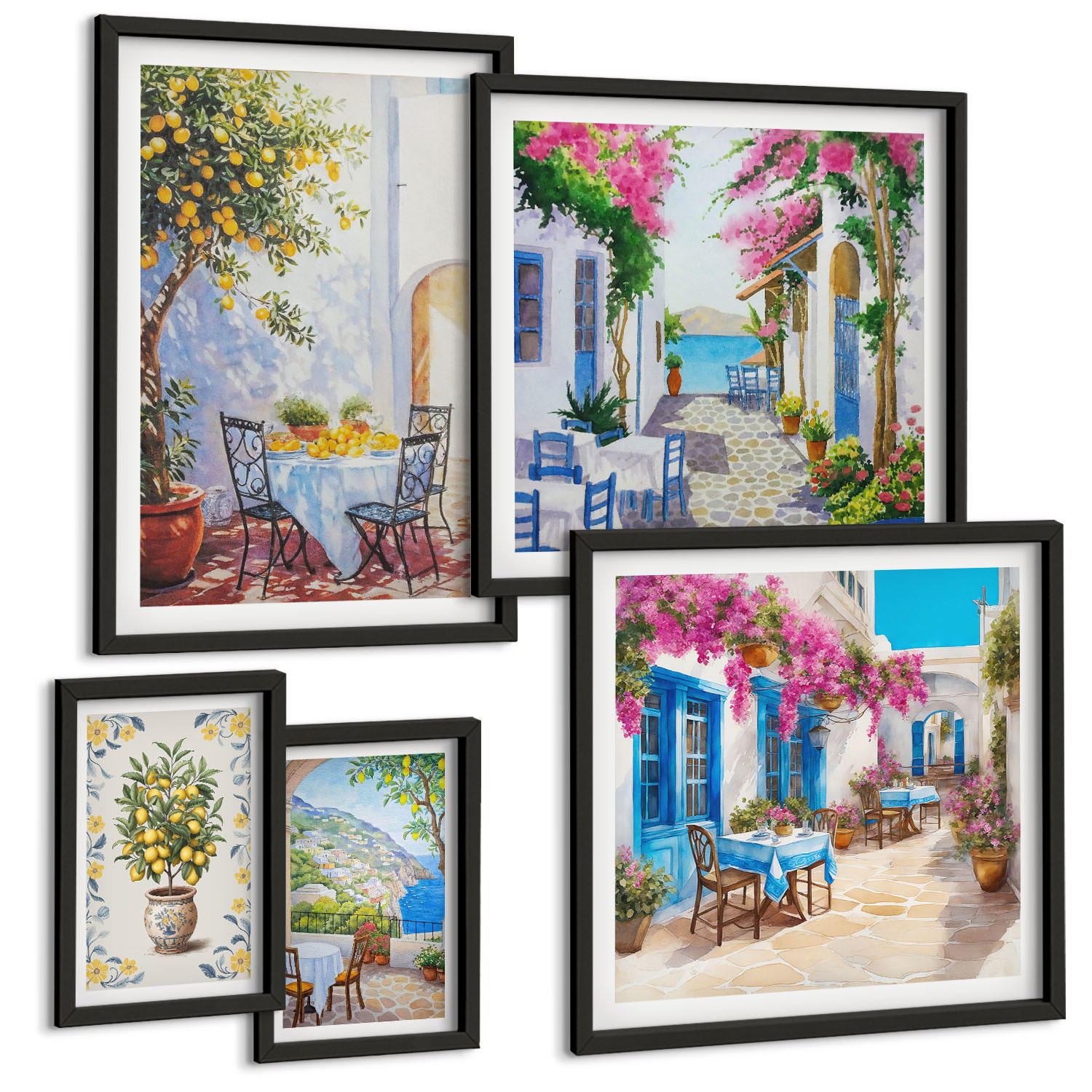 BILDER SET 5er Set - 50x50 cm & 20x30 cm & 40x60 cm Schwarzer Rahmen - Berglandschaften mit einem Fluss - Schwarz, Kunststoff (40/60cm) - TULUP