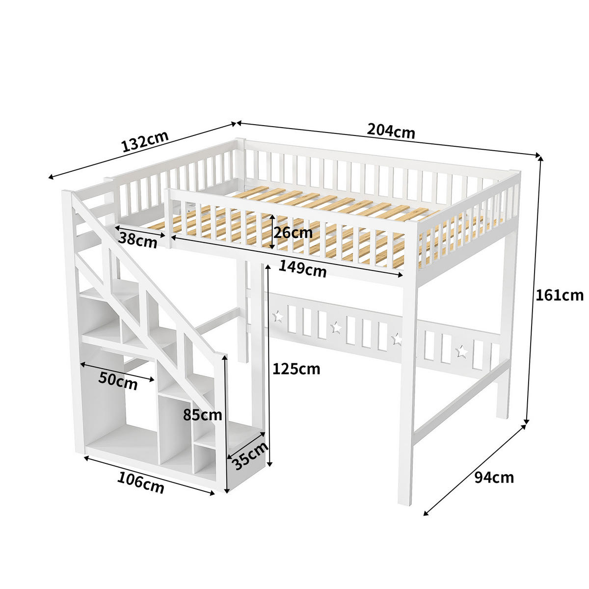HOCHBETT Klassisch mit Stauraumtreppe & Kleiderstange 90/200 cm Kiefer-Massivholz Weiß - Weiß, Holz (90/200cm) - Creahappy