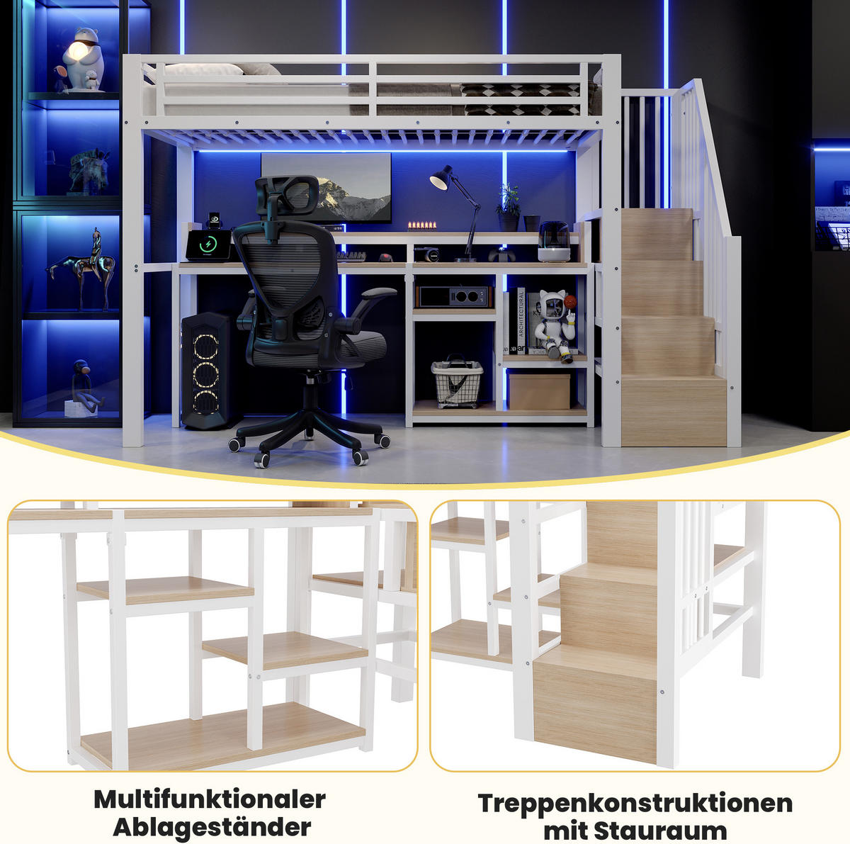HOCHBETT Metall & MDF 90x200 cm Weiß mit Leiterschrank, Ablagefach, LED sowie USB + Typ-C - Weiß, Holzwerkstoff (90/200cm) - Modfu