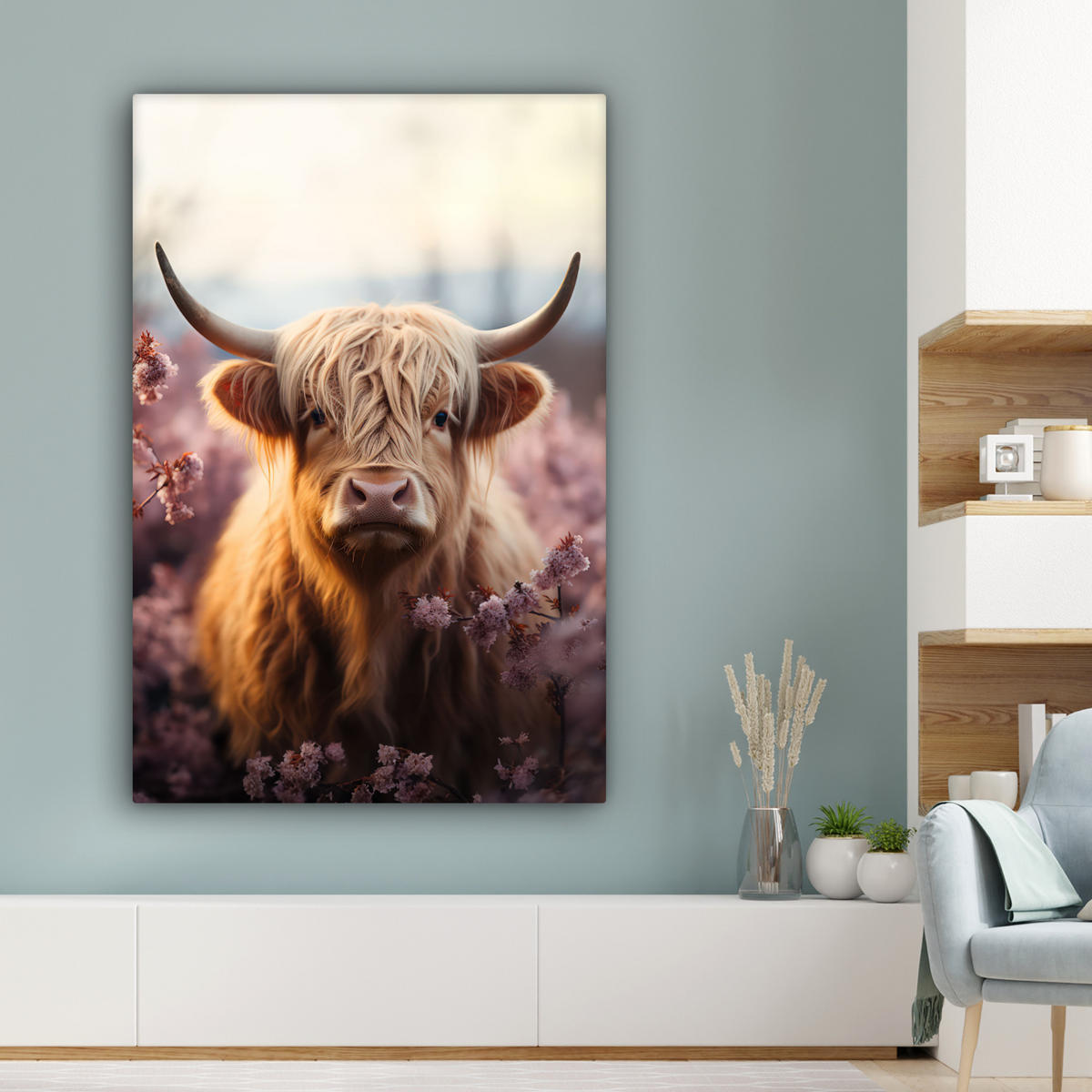 LEINWANDBILD - Schottischer Hochländer - Frühling - Hochland - 80x120 - Wanddeko - Hellrosa, Textil (80/120cm) - MuchoWow