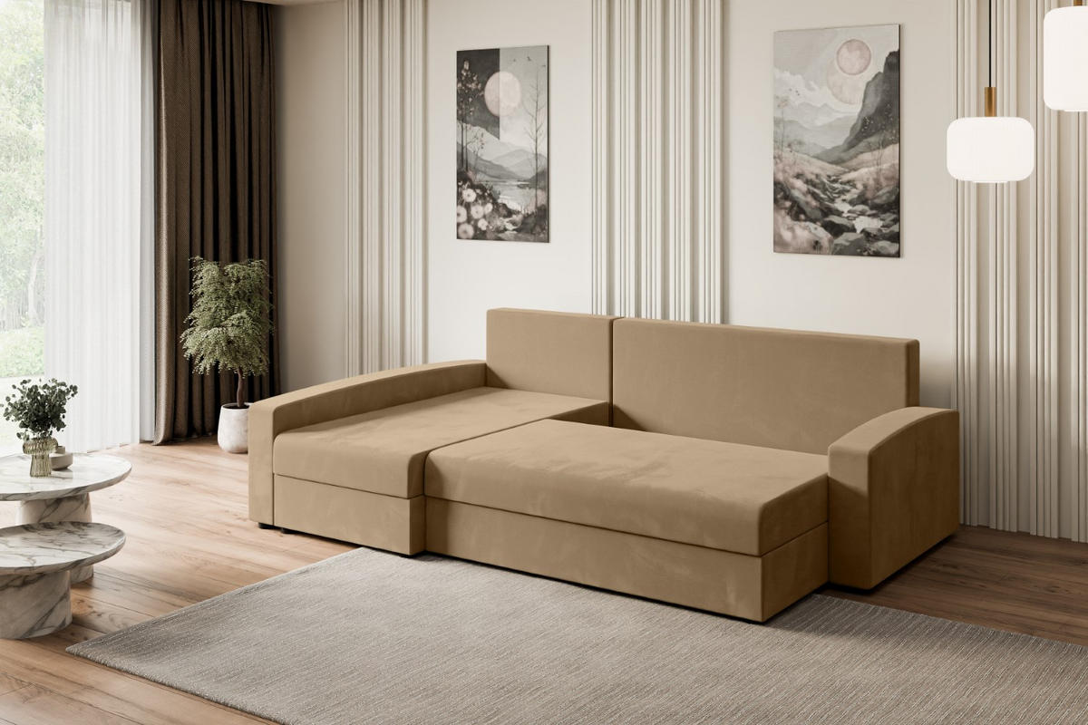 ECKSOFA mit Schlaffunktion und Bettkasten ALESIA-L 231x140x90 cm Beige Velours - Ecru/Beige, Holzwerkstoff/Kunststoff (231/140cm) - ALTDECOR