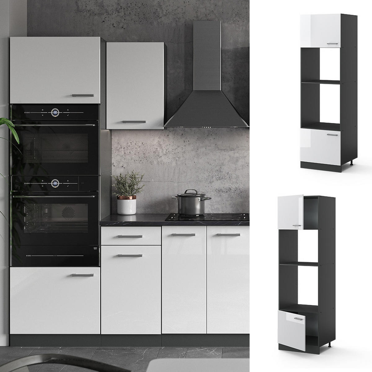MIKROWELLENSCHRANK R-Line Weiß Hochglanz 60 cm - Weiß Hochglanz/Anthrazit, Holzwerkstoff (60/206.8/57.2cm) - Vicco