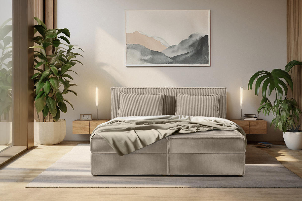 BOXSPRINGBETT ROTI mit Stauraum, beige - Beige/Schwarz, Holz/Holzwerkstoff (160/200cm) - KONSIMO®