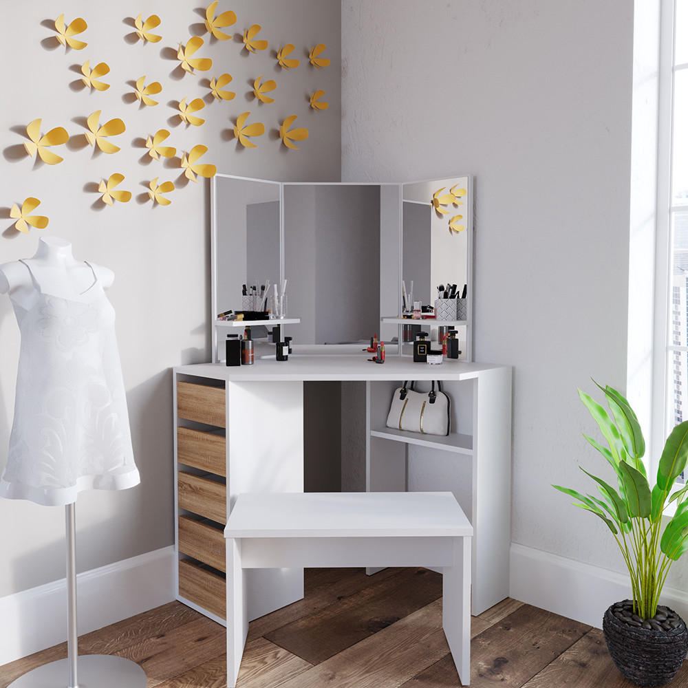 ECKSCHMINKTISCH Arielle Weiß/Sonoma 110 cm mit Bank - Weiß/Sonoma Eiche, Holzwerkstoff (110/141.5/54cm) - Vicco