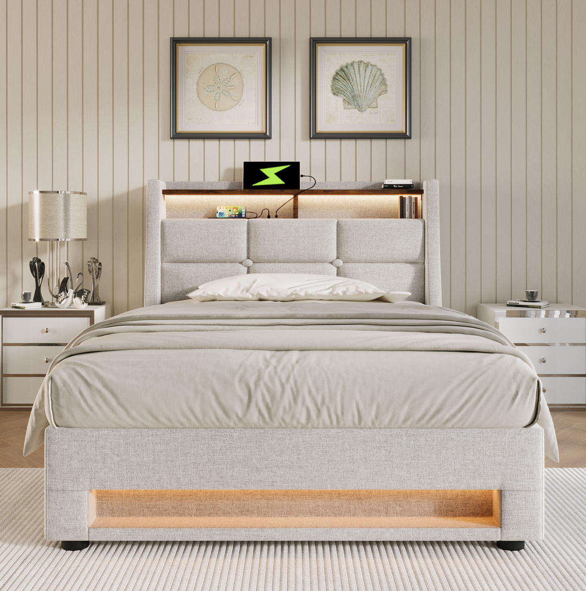 POLSTERBETT aus Leinen 90x200 cm in Beige mit LED & USB - Beige, Textil (90/200cm) - Modfu