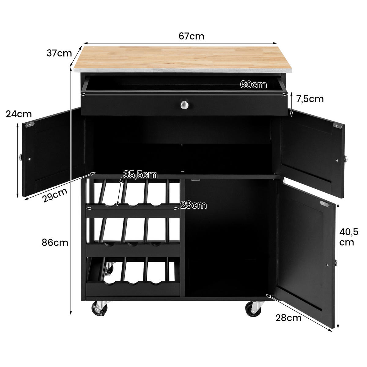 KÜCHENWAGEN Schwarz - Schwarz, Holz (67/37/87cm) - COSTWAY