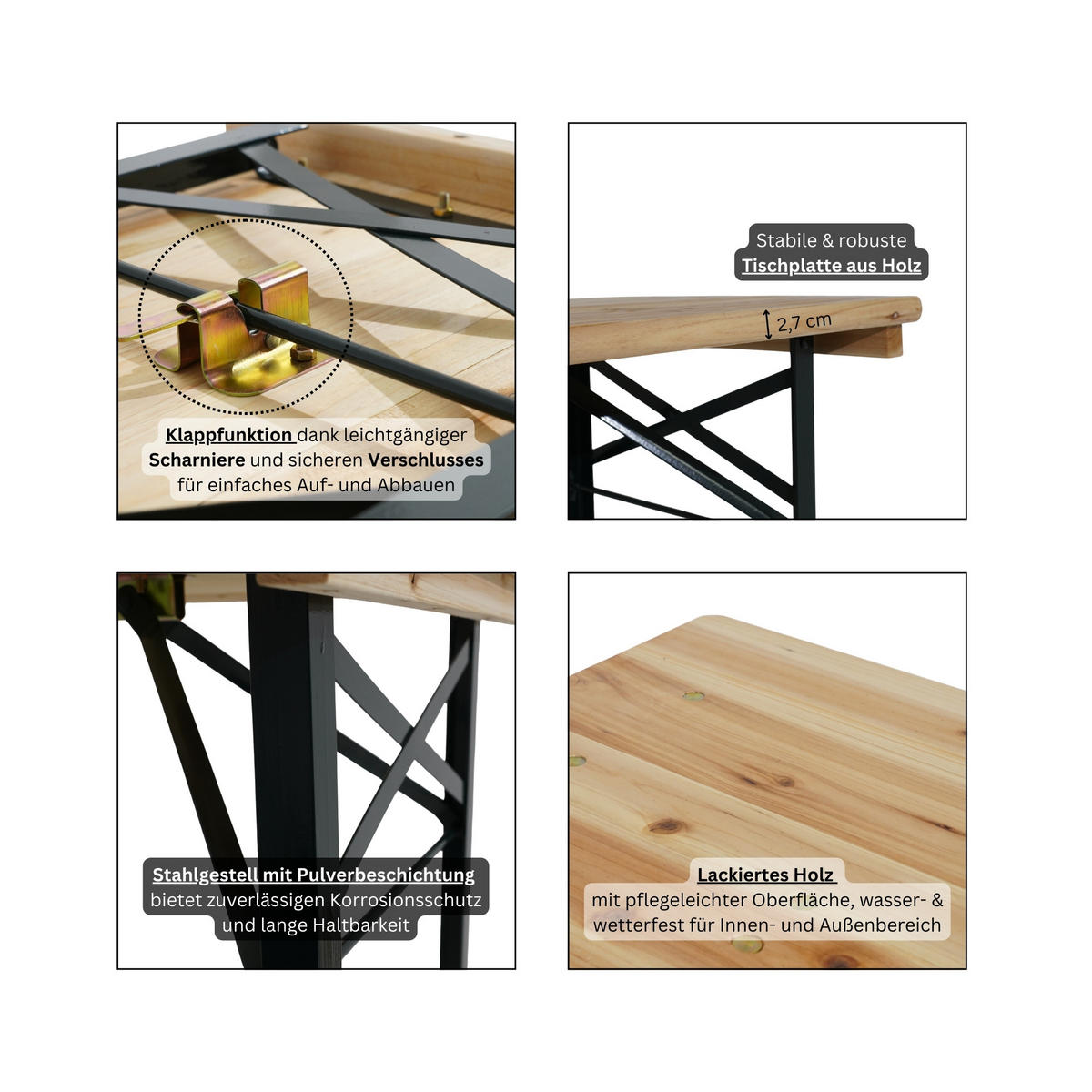 BIERZELTGARNITUR WIESN klappbar 116cm breit 3-teilig lackiertes Holz - Schwarz/Naturfarben, Holz/Metall - CHEFGASTRO