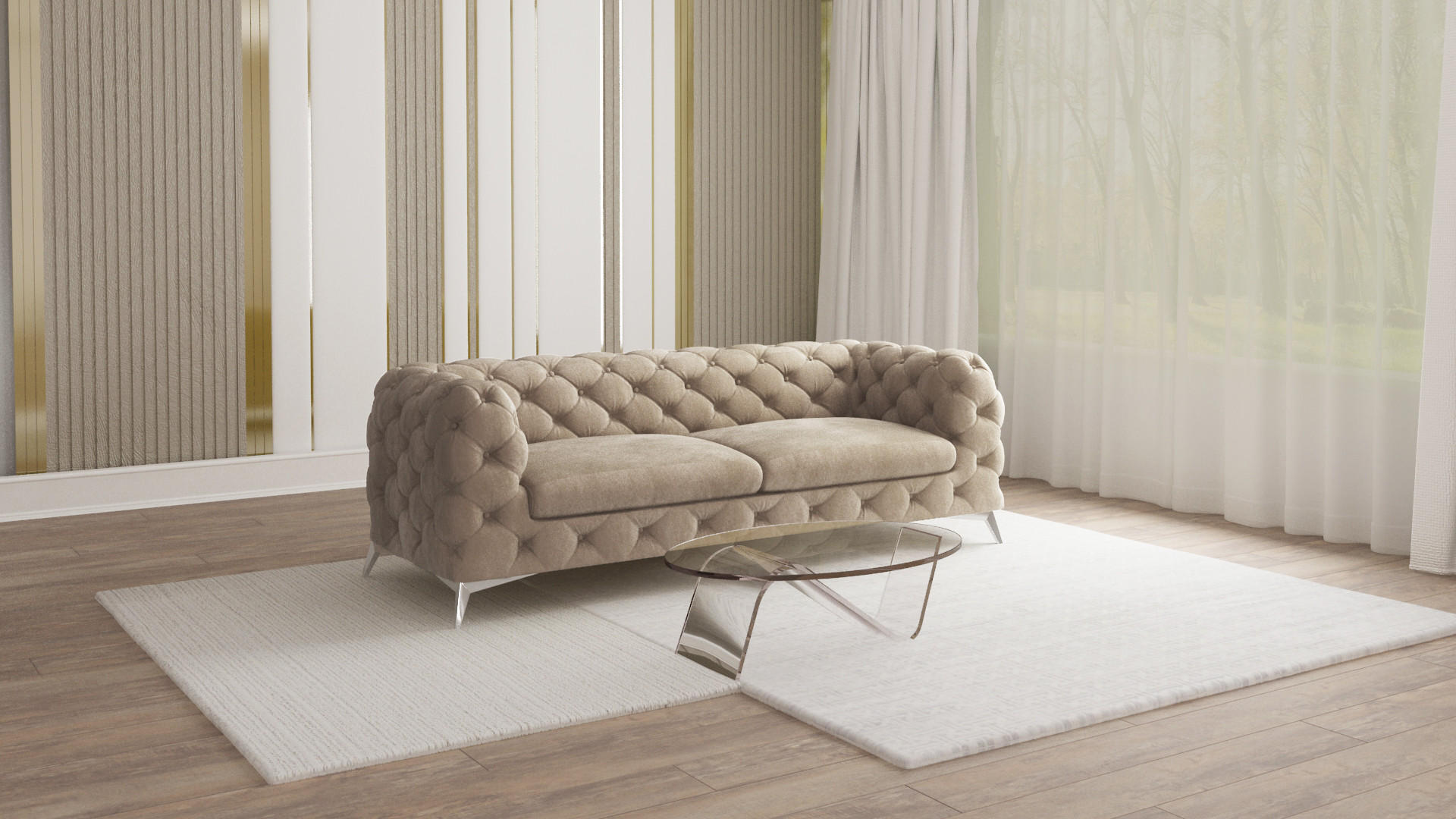 CHESTERFIELD-SOFA 3-Sitzer Laura Dunkle Creme Samt - Silberfarben/Creme, Holz/Textil (225/75/100cm) - S-Style Möbel