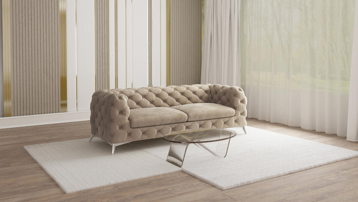CHESTERFIELD-SOFA 3-Sitzer Laura Dunkle Creme Samt - Silberfarben/Creme, Holz/Textil (225/75/100cm) - S-Style Möbel