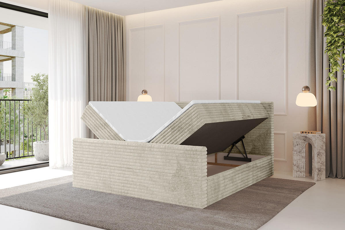 BOXBETT mit Matratze H3 und Lattenrost - TOLO-Z-v1 - 160x200 Cord - Creme - Champagner, Holzwerkstoff (160/200cm)