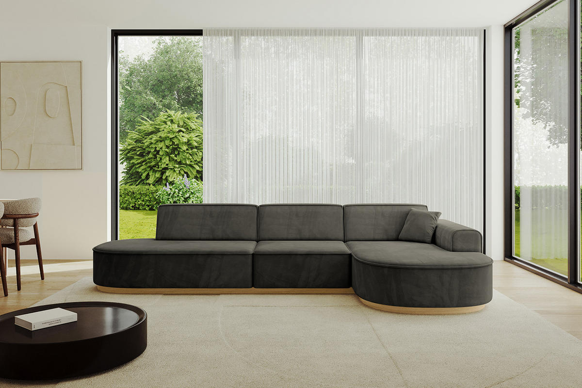 ECKSOFA Ottomane Rechts MARI-L2-v2 - 328x171x83 cm Schwarz Velours - Schwarz, Holzwerkstoff/Textil (171/328cm) - ALTDECOR