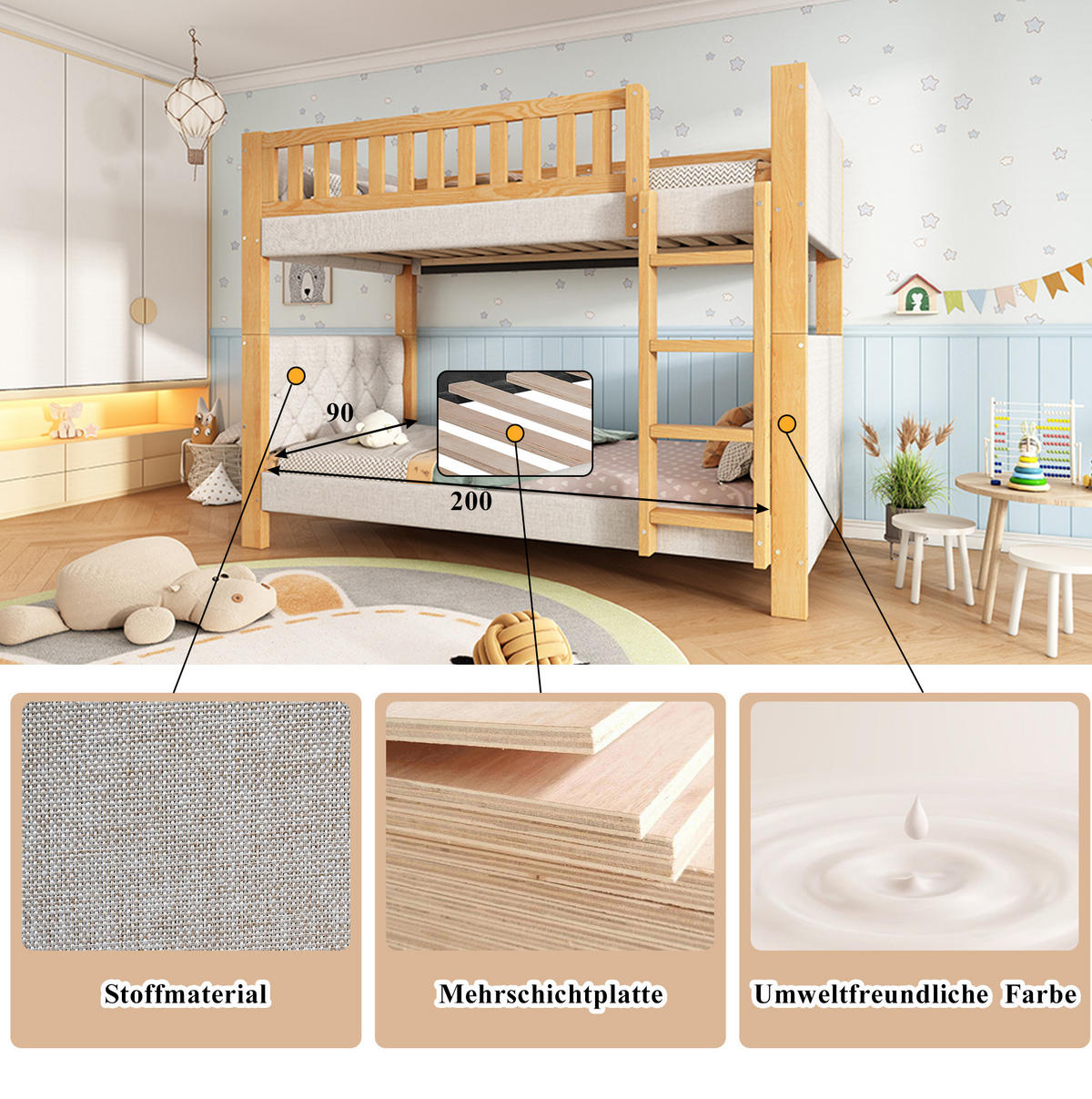 ETAGENBETT 90/200 cm grau/natur aus Kautschukholz und MDF mit gerader Treppe - Grau, Holz (90/200cm) - OKWISH
