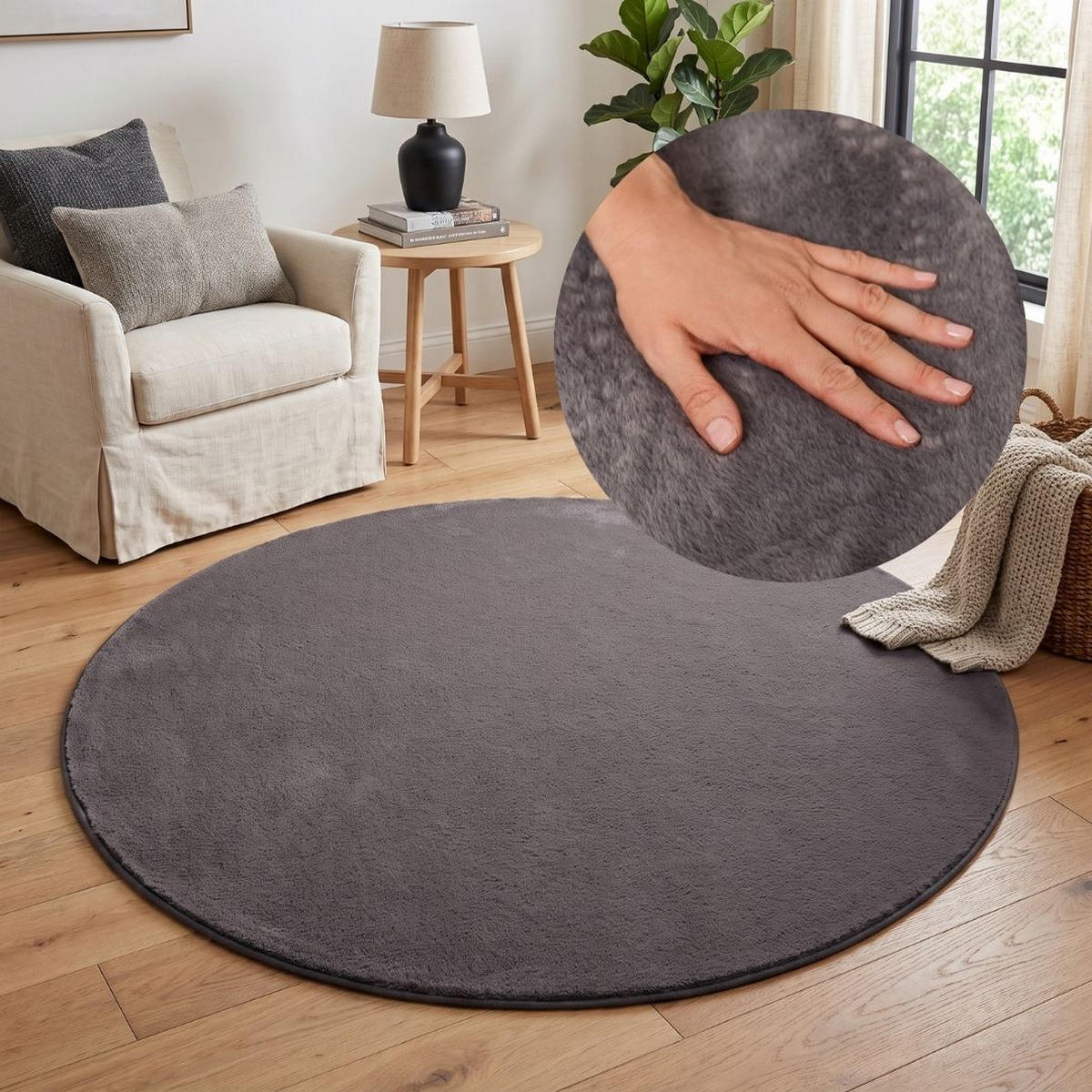 KURZFLORTEPPICH LUMI rund dunkelgrau kuschelweich waschbar 100/100 cm - Dunkelgrau, Textil (100/100cm) - Tapiso