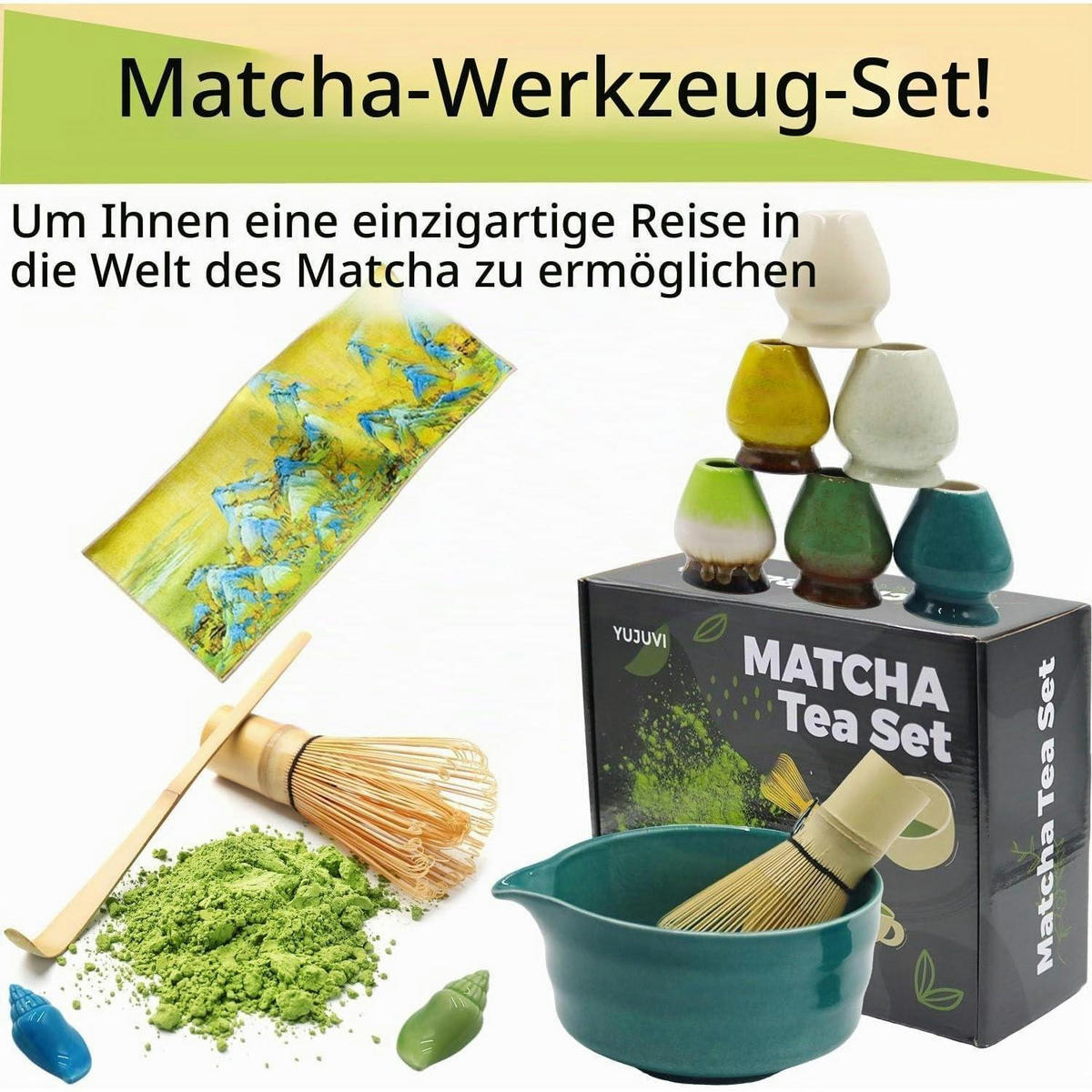 MATCHA Tee Set 9-teiliges Set mit Schale und Besen - Türkis, Keramik (14/7/14cm)