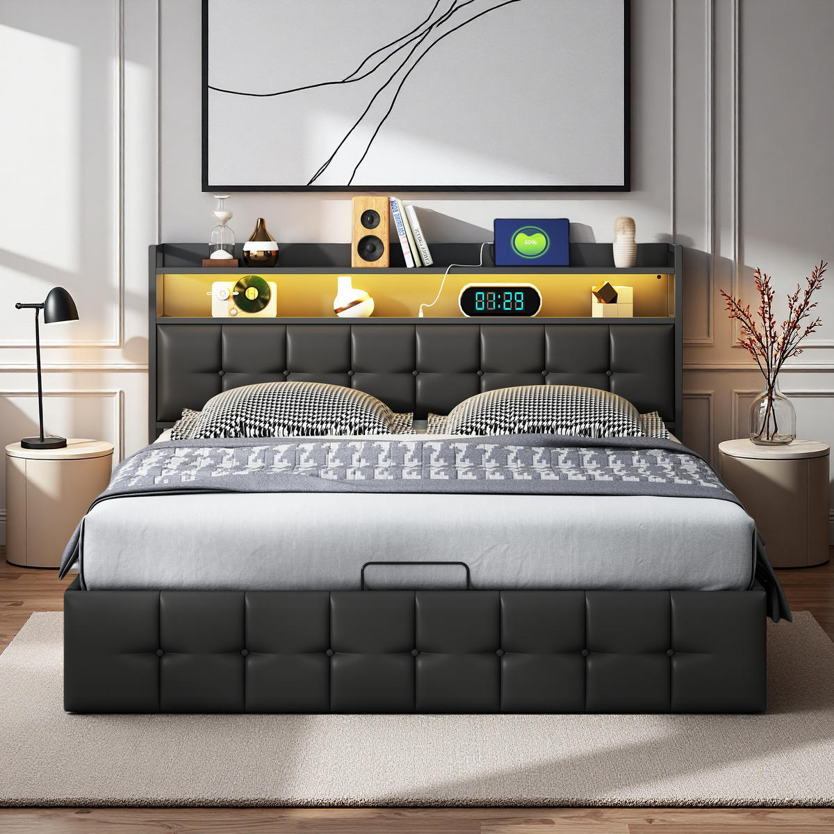 POLSTERBETT 140x200 cm LED Kopfteil Lattenrost PU Leder schwarz - Schwarz, Holz (140/200cm) - LEBENLANG