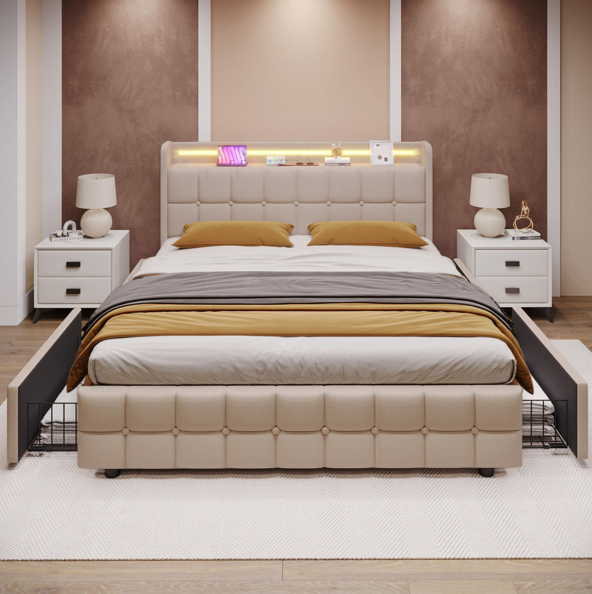 POLSTERBETT 140/200 cm mit LED-Beleuchtung, USB und 4 Schubladen in Beige - Beige, Holz (140/200cm) - BEAOK