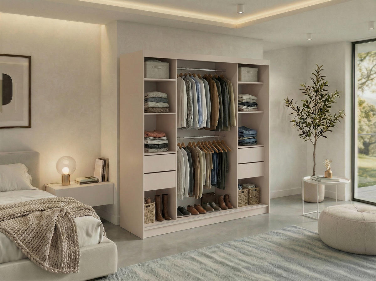 SCHWEBETÜRENSCHRANK mit Schubladen 200 - GRECJA - Kaschmir mit Spiegel - Kaschmir/Alufarben, Holzwerkstoff/Metall (200/216/61cm) - MKS